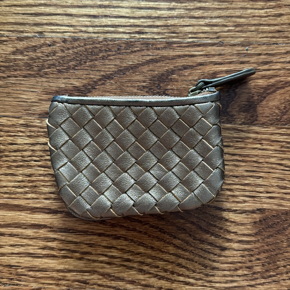Cochni Gold Woven Leather Zipped Change Purse Wallet Metallic‎